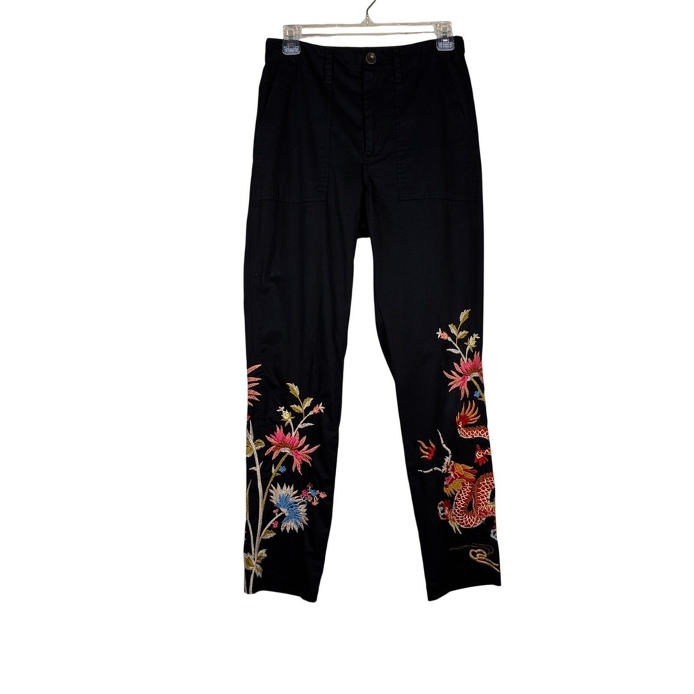 Johnny Was Ankle Pants 2 black cotton dragon and floral embroidery READ skinny